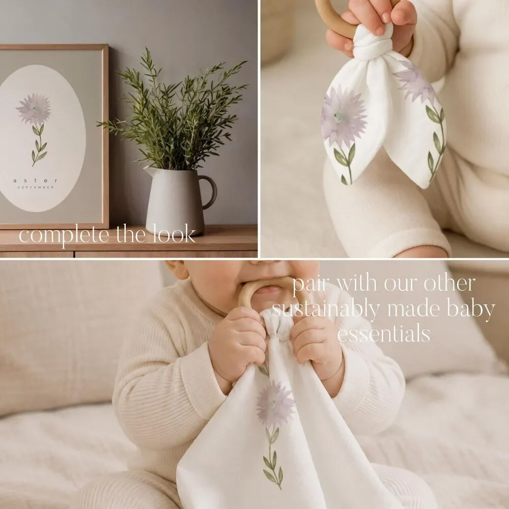 Organic Cotton Baby Blanket | Birth Month Flower Gift September Purple Aster